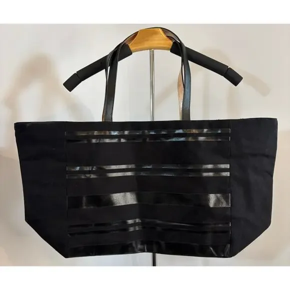 Victoria’s Secret Black Large Tote Bag Corset Lace Grommet Canvas Zip Top - Picture 4 of 9